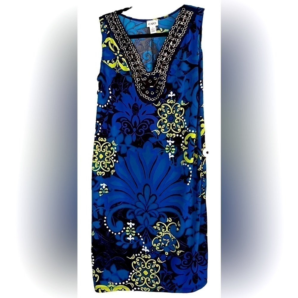 CATO Royal/Navy/Lime/White Floral Medallion Pattern Sleeveless Dress, Small, GUC